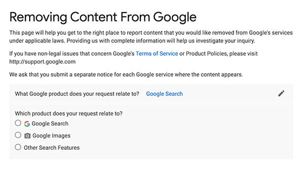 Removing content from Google product selection