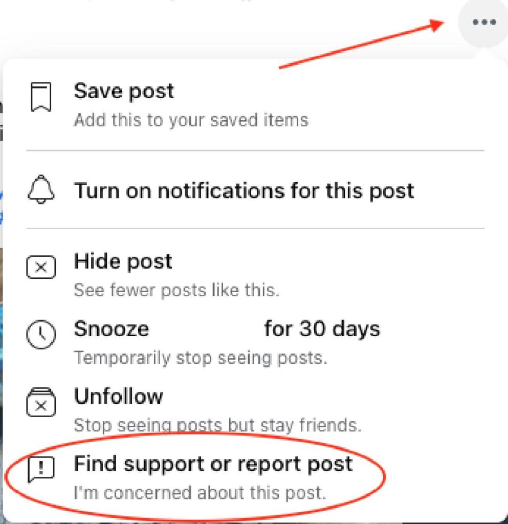 Find support or report post on Facebook
