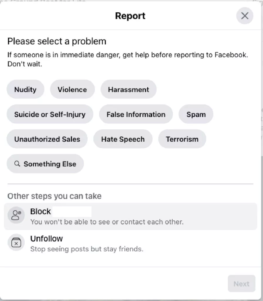 Reason for reporting Facebook post