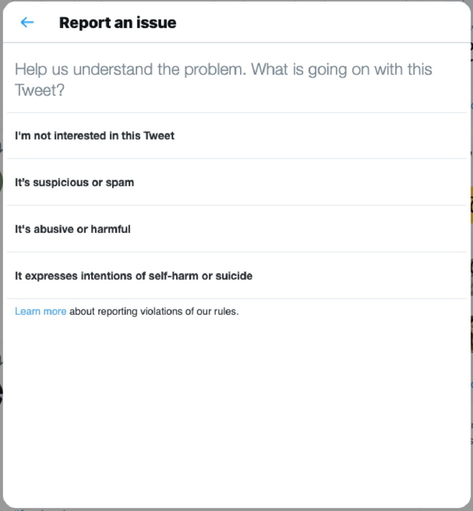 Reasons for reporting tweet