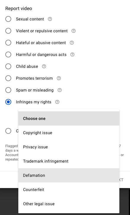 Reason for reporting video on YouTube dropdown menu