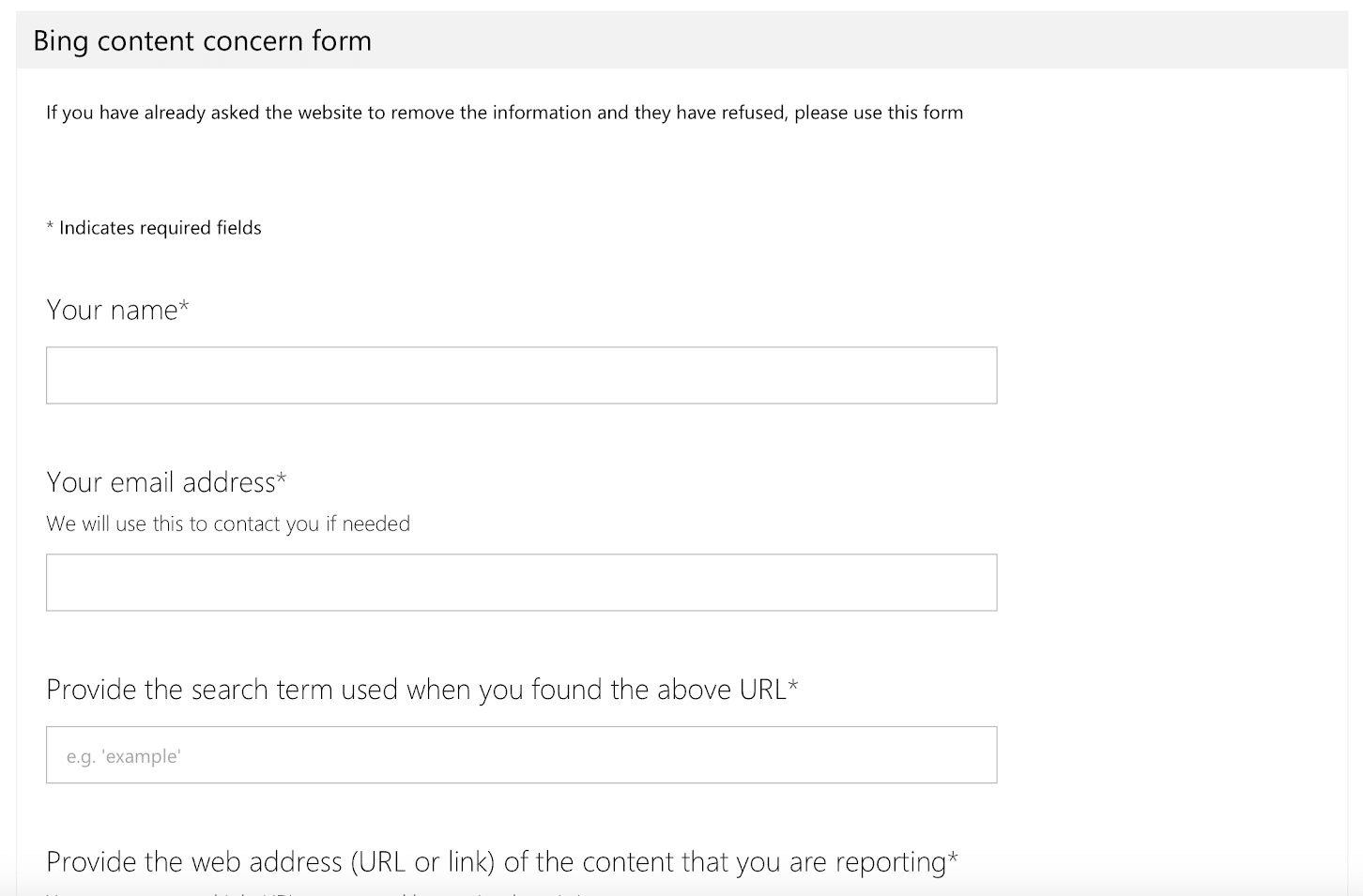 Bing Content Concern Form & submission