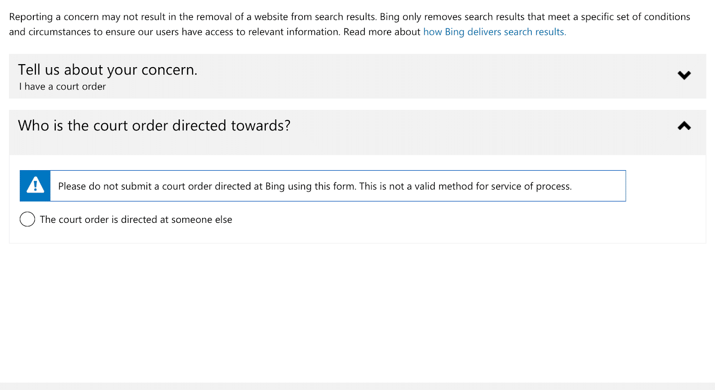 Report a concern to Bing: the court order is directed at someone else