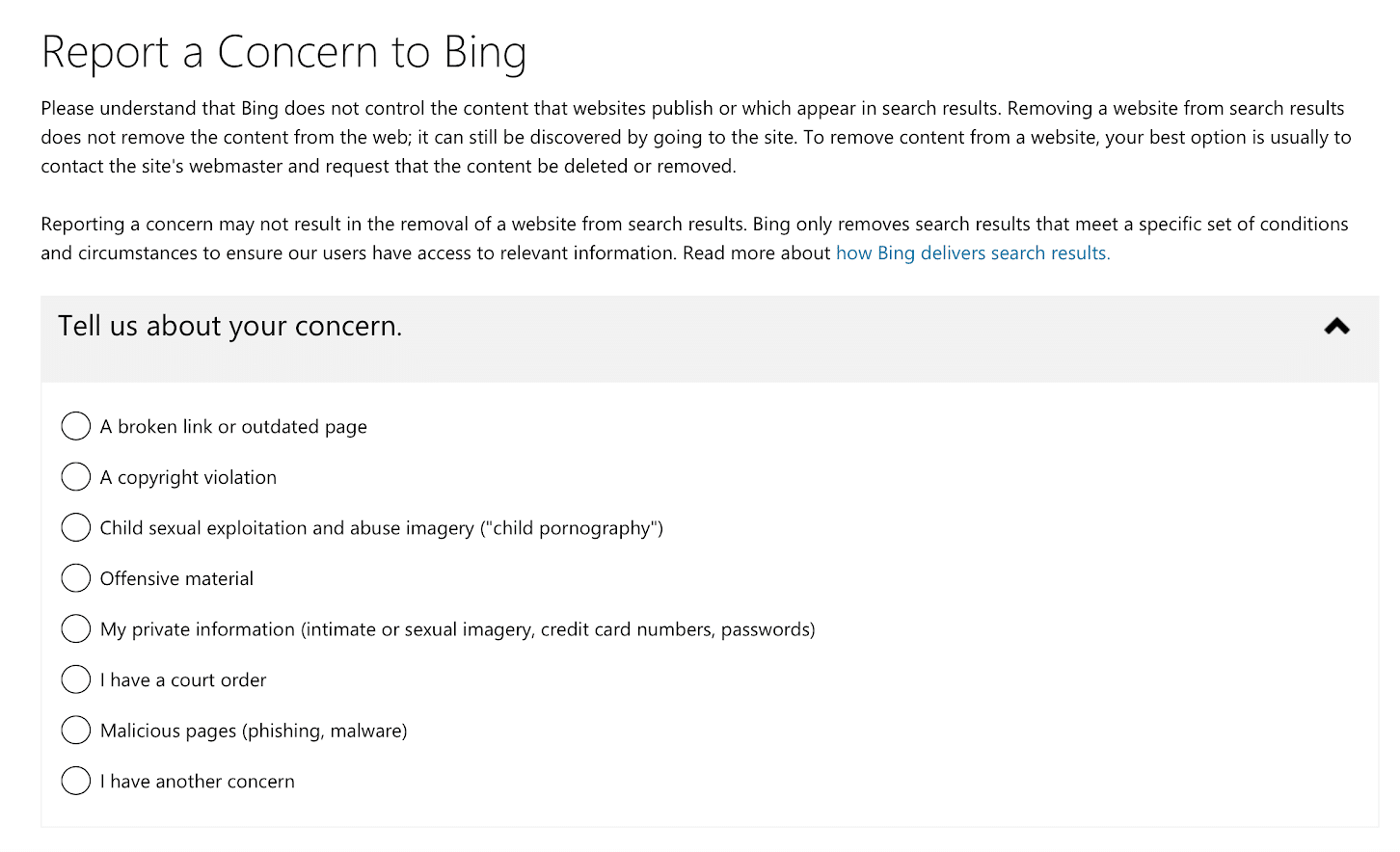 Report a Concern to Bing: I have a court order submission form