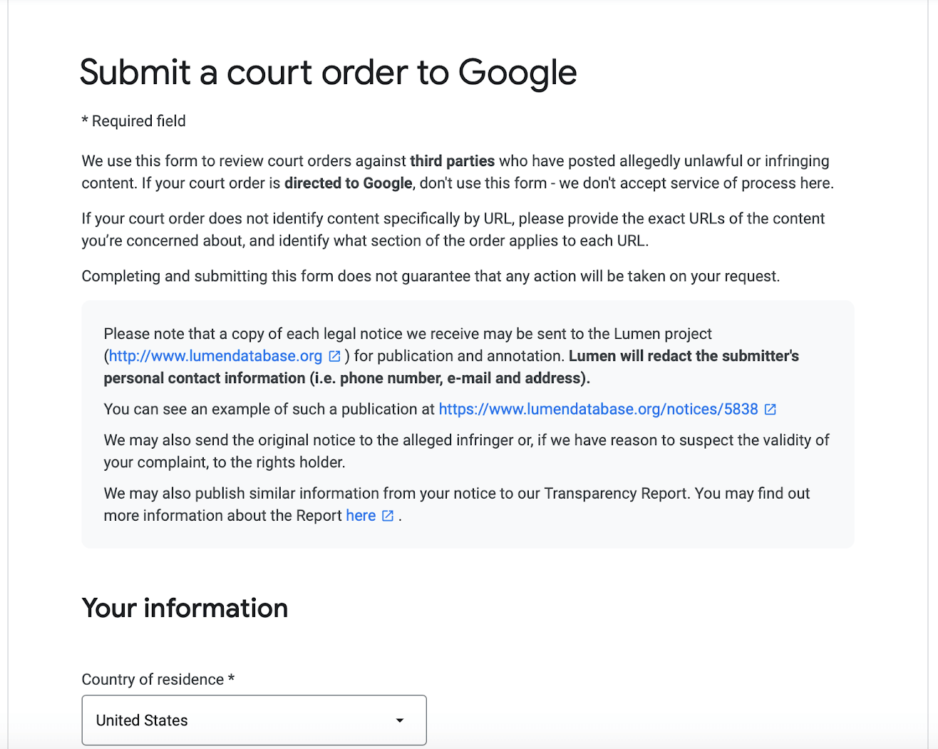 Submit a court order to Google information form
