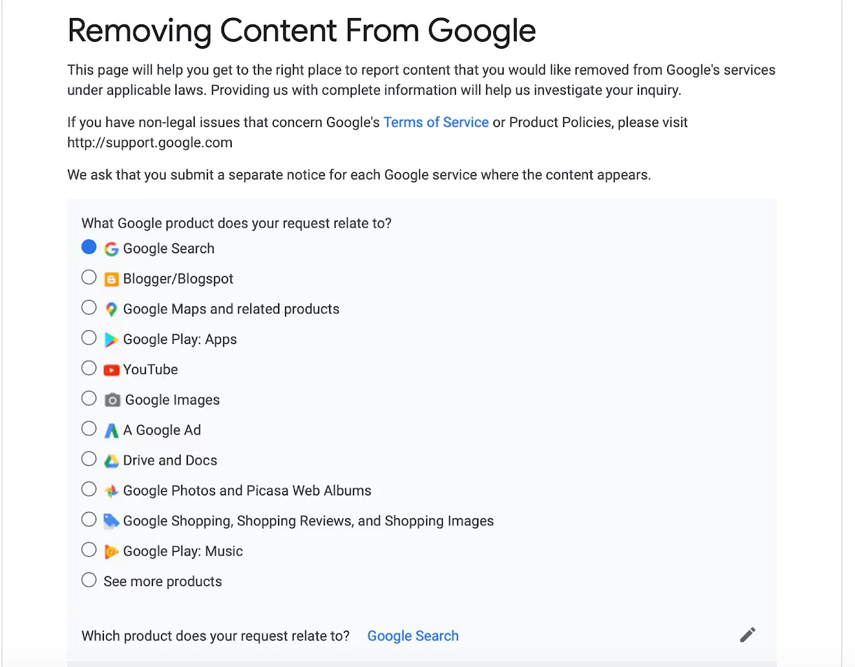 Removing content from Google submission form