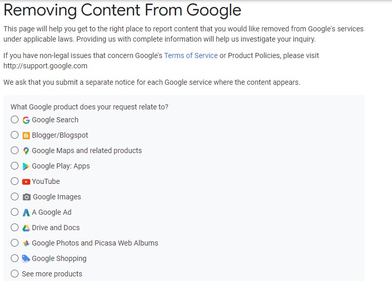 Google search removal 'what Google product does your request relate to'