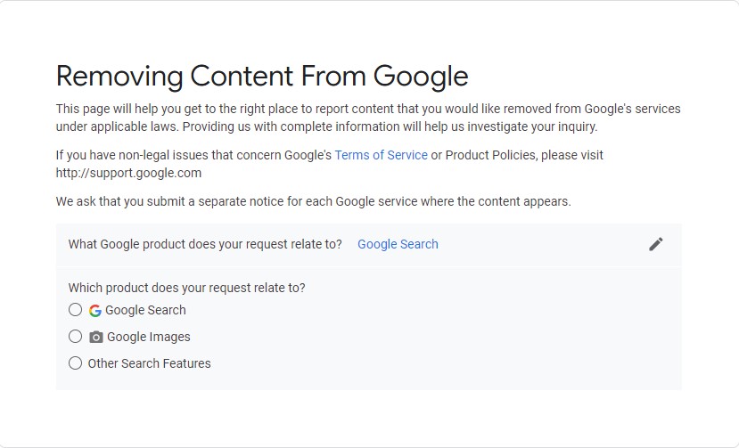Google search removal 'what Google product does your request relate to' part two