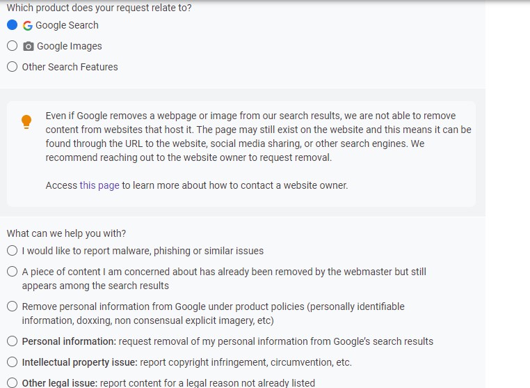 Google search removal 'piece of content still appears among the search results'