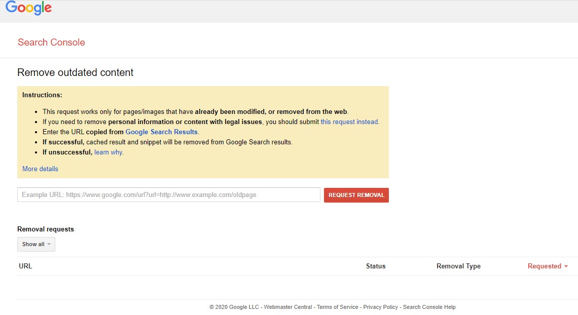 Google search removal URL tool