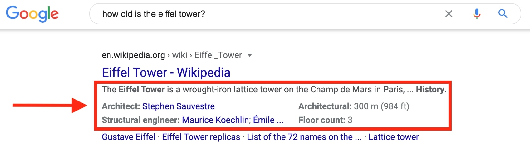 Google snippet för Eiffeltornet