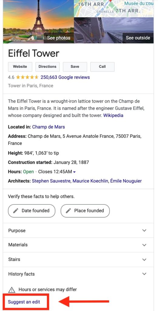 exemplo do Google Knowledge Graph para a Torre Eiffel