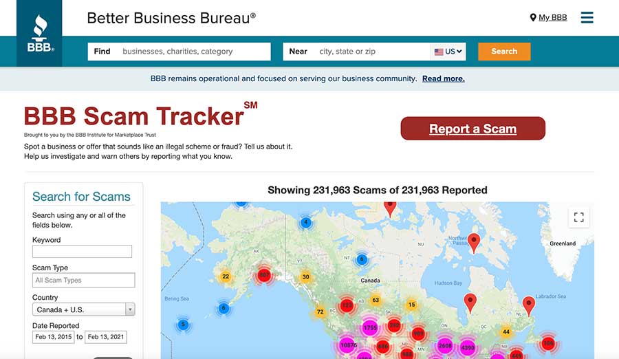 Better Business Bureau Scam Tracker homepage