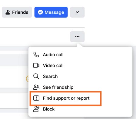 find support or reportprofile on Facebook