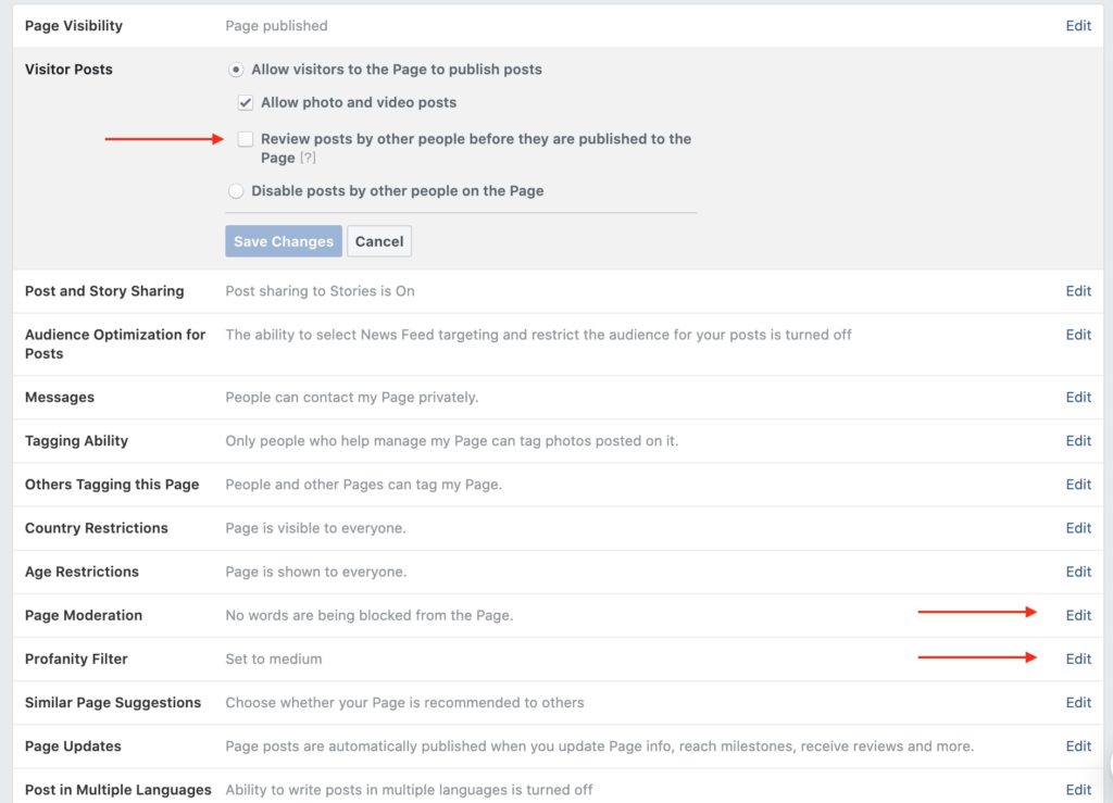 Manage Facebook page settings step two