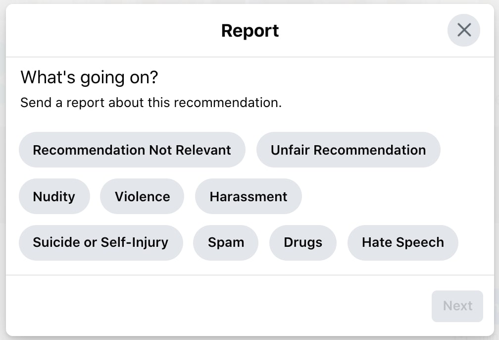 Reporting a review on Facebook step two