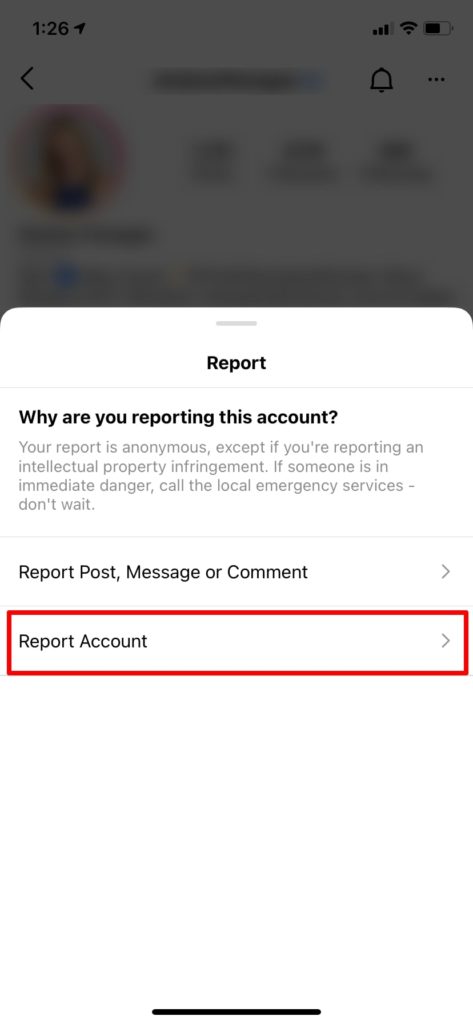 Choose reason for reporting Instagram account