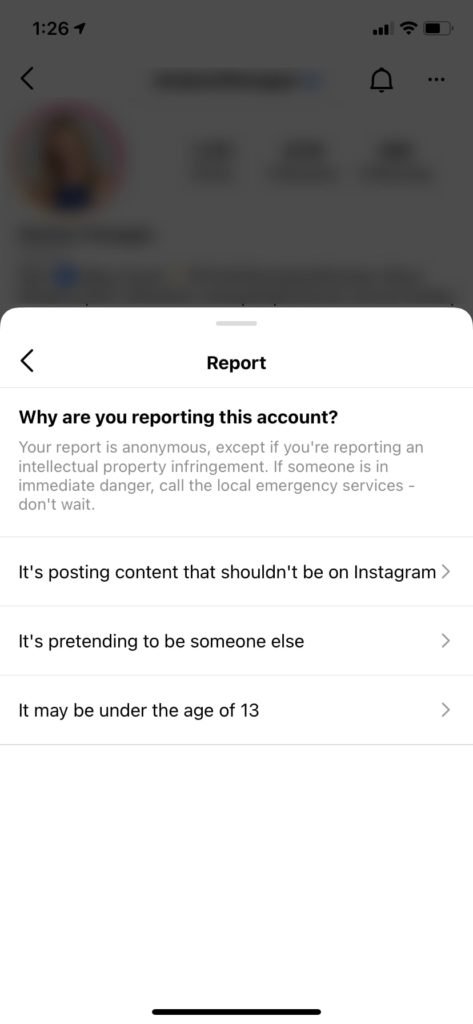 Reason for reporting Instagram account