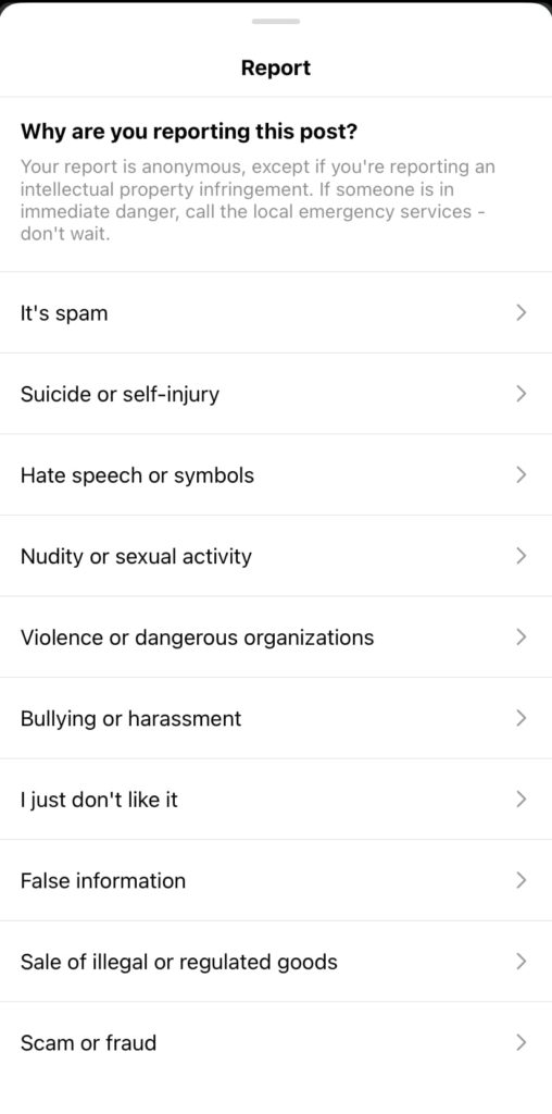 Reason for reporting Instagram story