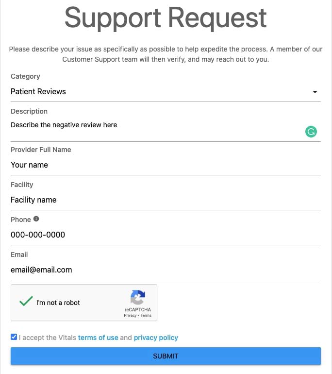 Vitals support request form