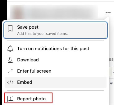 Screen grab of FaceBook menu dropdown with link to report a photo.