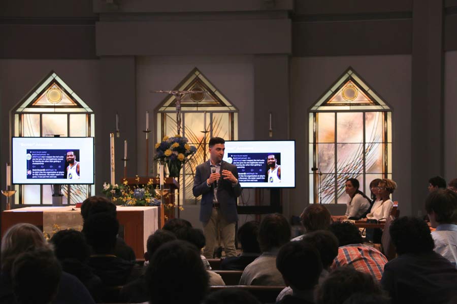 Minc Law Attorney Michael Pelagalli speaking to St. Ignatius High School students