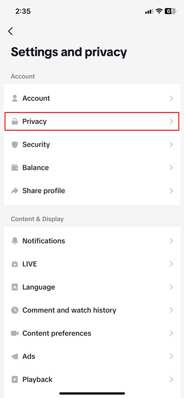 Screen Capture: Tik Tok Screen how change your privacy settings, step 3