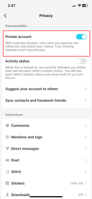 Screen Capture: Tik Tok Screen how change your privacy settings, step 4