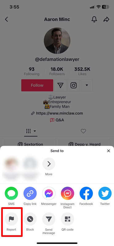 Screen Capture: Tik Tok Screen ho to report harrassment, step 2