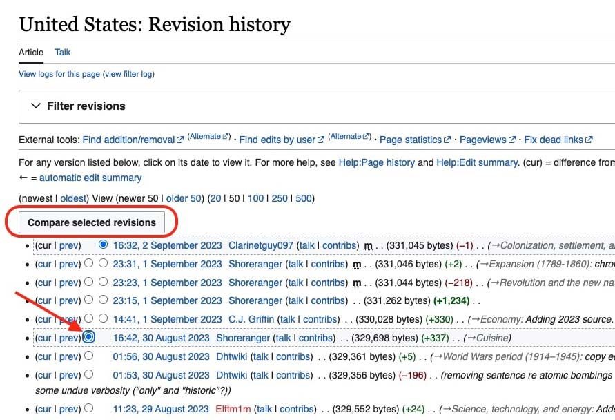 Screenshot of the United States Wikipedia page revision history