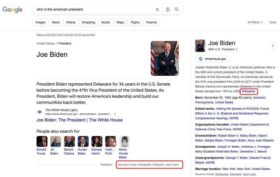 "Who is the American president" Google query SERP results page