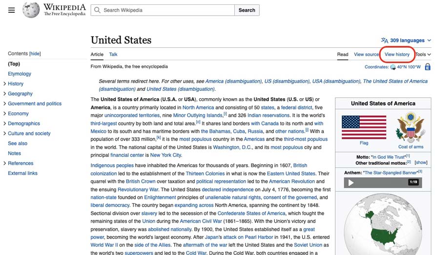 "United States" Wikipedia page with the "View History" link highlighted