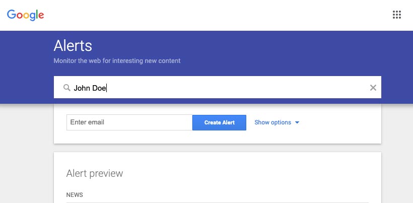 Screenshot of-Google Alerts setup screen to set up a "John Doe Google Alert"